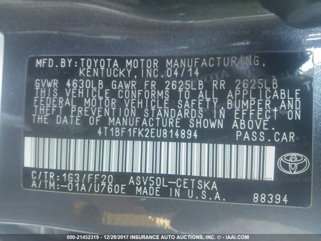 4T1BF1FK2EU814894 - 2014 TOYOTA CAMRY L/SE/LE/XLE 灰色 照片 9