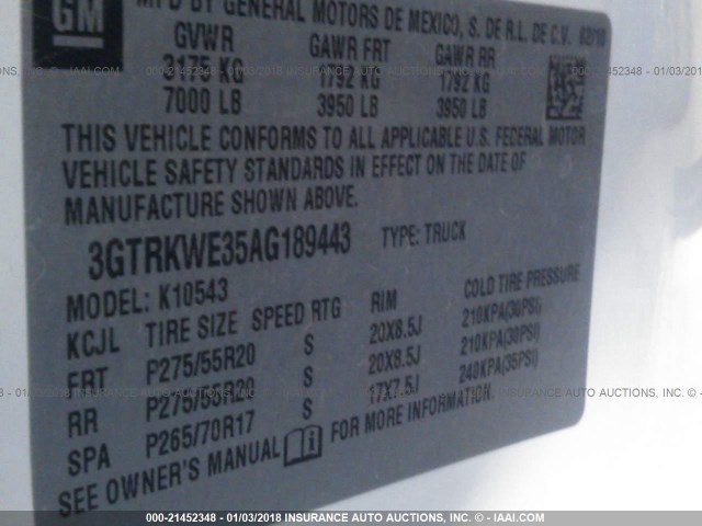 3GTRKWE35AG189443 - 2010 GMC SIERRA K1500 SLT WHITE photo 9