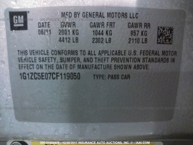 1G1ZC5E07CF119050 - 2012 CHEVROLET MALIBU 1LT 银色 照片 9