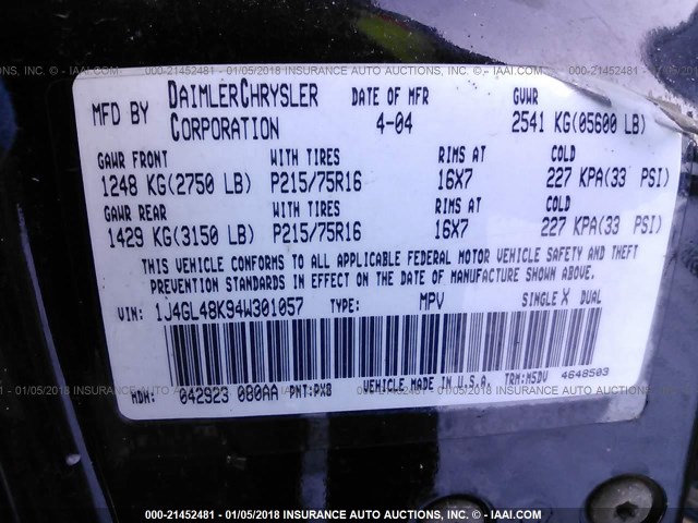 1J4GL48K94W301057 - 2004 JEEP LIBERTY SPORT 黑色 照片 9