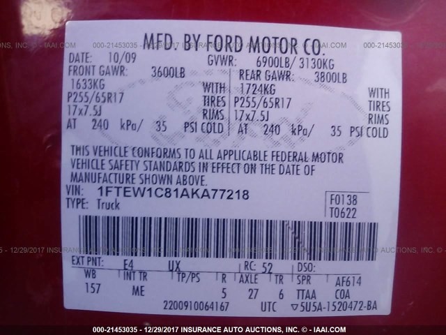 1FTEW1C81AKA77218 - 2010 FORD F150 SUPERCREW RED photo 9