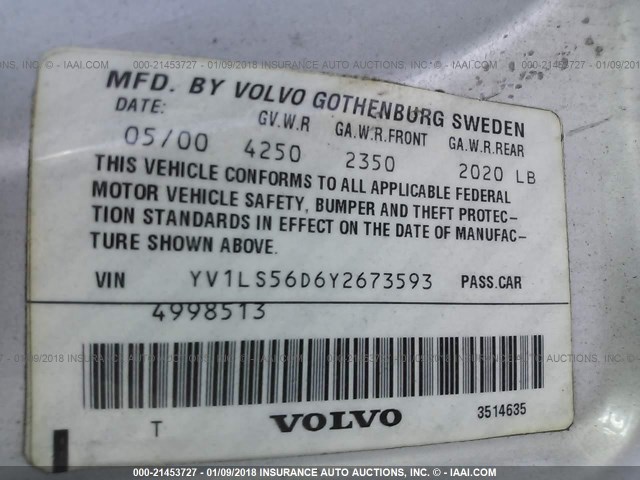 YV1LS56D6Y2673593 - 2000 VOLVO S70 GLT/SE SILVER photo 9