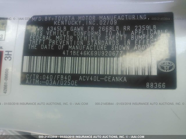 4T1BE46K69U920677 - 2009 TOYOTA CAMRY SE/LE/XLE WHITE photo 9