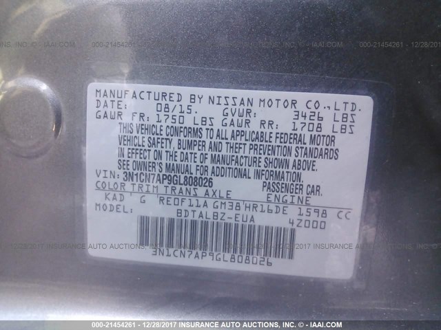 3N1CN7AP9GL808026 - 2016 NISSAN VERSA S/S PLUS/SV/SL SILVER photo 9