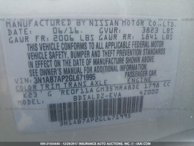 3N1AB7AP2GL671995 - 2016 NISSAN SENTRA S/SV/SR/SL SILVER photo 9