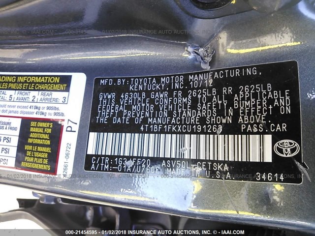 4T1BF1FKXCU191263 - 2012 TOYOTA CAMRY SE/LE/XLE GRAY photo 9