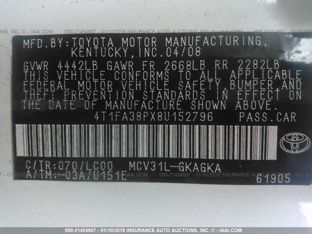 4T1FA38PX8U152796 - 2008 TOYOTA CAMRY SOLARA SE/SLE/SPORT WHITE photo 9