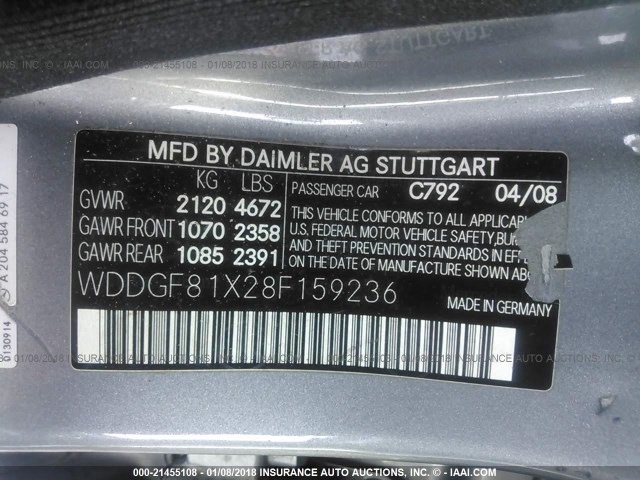 WDDGF81X28F159236 - 2008 MERCEDES-BENZ C 300 4MATIC GRAY photo 9