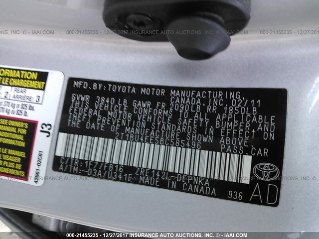 2T1BU4EE5BC585496 - 2011 TOYOTA COROLLA S/LE SILVER photo 9