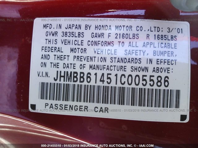 JHMBB61451C005586 - 2001 HONDA PRELUDE RED photo 9