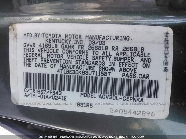 4T1BE30K93U711587 - 2003 TOYOTA CAMRY LE/XLE/SE თაფლისფერი ფოტო 9