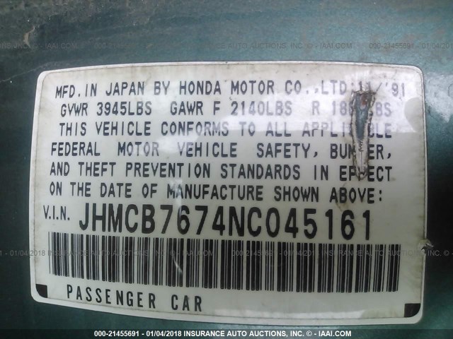 JHMCB7674NC045161 - 1992 HONDA ACCORD EX/EX-R GREEN photo 9