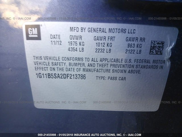 1G11B5SA2DF213786 - 2013 CHEVROLET MALIBU LS ლურჯი ფოტო 9