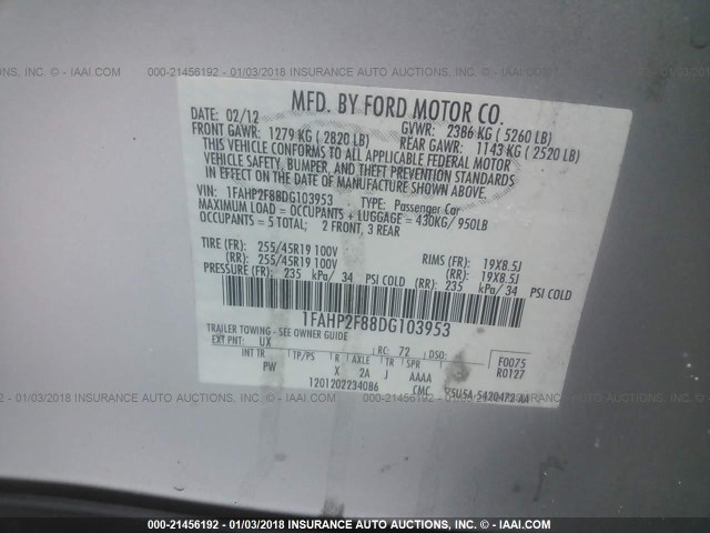 1FAHP2F88DG103953 - 2013 FORD TAURUS LIMITED GRAY photo 9