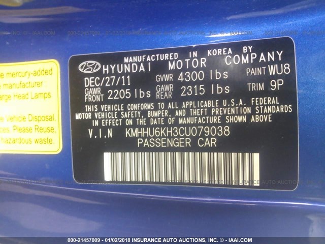 KMHHU6KH3CU079038 - 2012 HYUNDAI GENESIS COUPE 3.8L BLUE photo 9