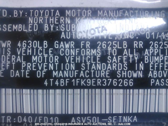 4T4BF1FK9ER376266 - 2014 TOYOTA CAMRY L/SE/LE/XLE 白色 照片 9