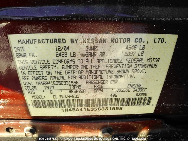 1N4BA41E35C831558 - 2005 NISSAN MAXIMA SE/SL RED photo 9