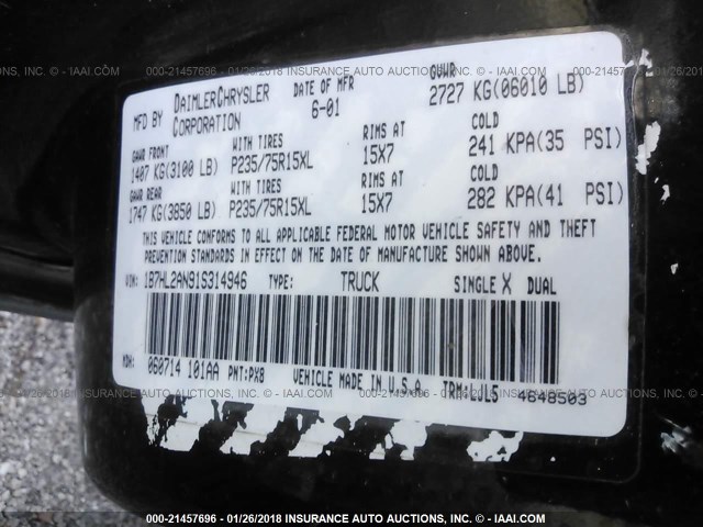 1B7HL2AN91S314946 - 2001 DODGE DAKOTA QUAD BLACK photo 9