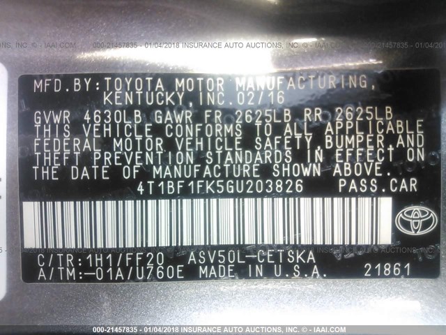4T1BF1FK5GU203826 - 2016 TOYOTA CAMRY LE/XLE/SE/XSE GRAY photo 9