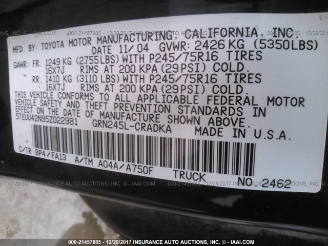 5TEUU42N95Z022981 - 2005 TOYOTA TACOMA ACCESS CAB Կապույտ լուսանկար 9