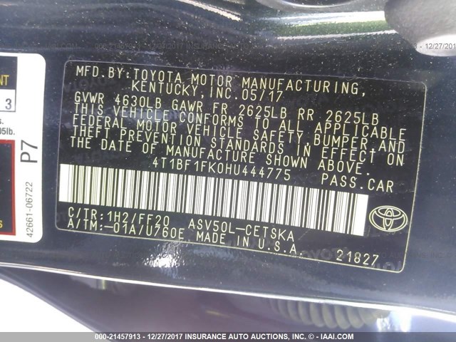 4T1BF1FK0HU444775 - 2017 TOYOTA CAMRY LE/XLE/SE/XSE Dark Blue photo 9