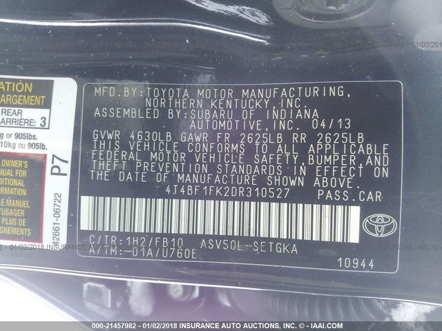 4T4BF1FK2DR310527 - 2013 TOYOTA CAMRY L/SE/LE/XLE Dark Blue photo 9