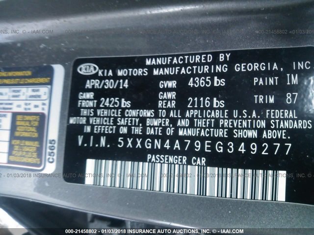 5XXGN4A79EG349277 - 2014 KIA OPTIMA EX GRAY photo 9