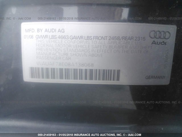 WAUAF78E08A138068 - 2008 AUDI A4 2.0T GRAY photo 9