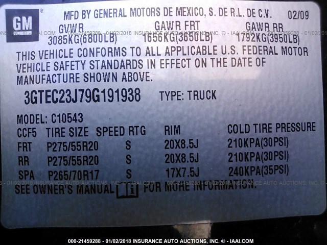 3GTEC23J79G191938 - 2009 GMC SIERRA C1500 SLE BLACK photo 9