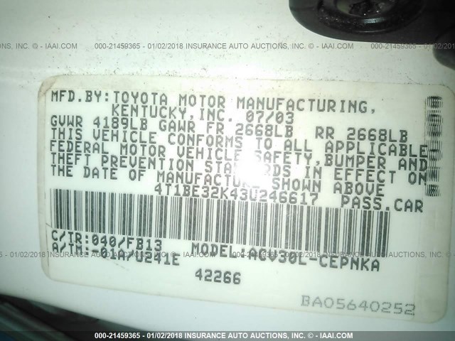 4T1BE32K43U246617 - 2003 TOYOTA CAMRY LE/XLE/SE 白色 照片 9