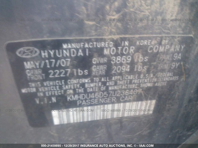 KMHDU46D57U236407 - 2007 HYUNDAI ELANTRA GLS/SE/LIMITED GRAY photo 9