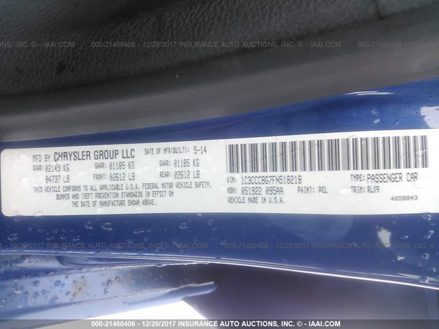 1C3CCCBG7FN518218 - 2015 CHRYSLER 200 S BLUE photo 9