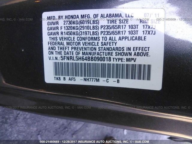 5FNRL5H64BB090018 - 2011 HONDA ODYSSEY EXL ნაცრისფერი ფოტო 9