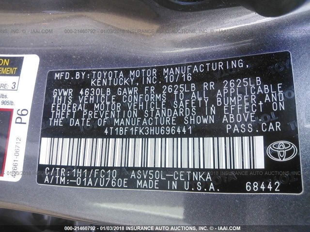 4T1BF1FK3HU696441 - 2017 TOYOTA CAMRY LE/XLE/SE/XSE GRAY photo 9