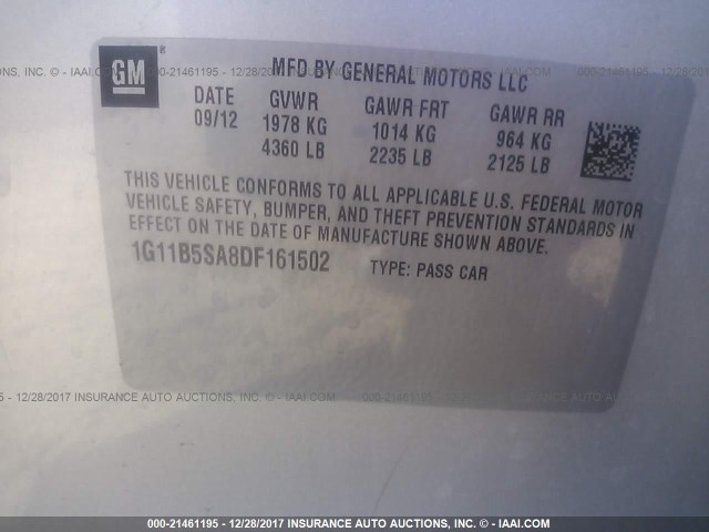 1G11B5SA8DF161502 - 2013 CHEVROLET MALIBU LS 银色 照片 9