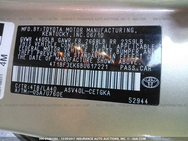4T1BF3EK6BU617221 - 2011 TOYOTA CAMRY SE/LE/XLE GOLD photo 9