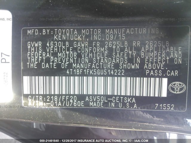 4T1BF1FK5GU514222 - 2016 TOYOTA CAMRY LE/XLE/SE/XSE 黑色 照片 9