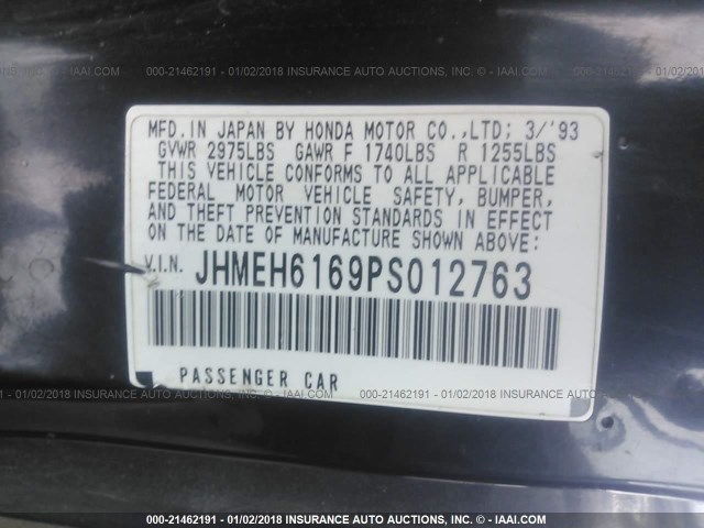 JHMEH6169PS012763 - 1993 HONDA CIVIC DEL SOL SI GRAY photo 9