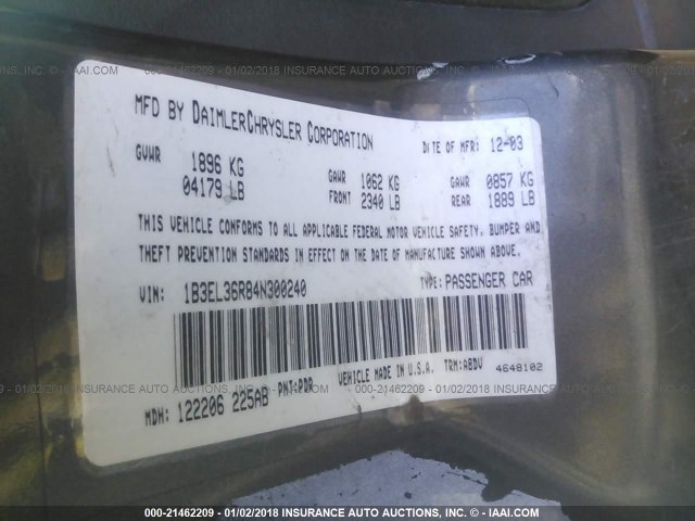 1B3EL36R84N300240 - 2004 DODGE STRATUS SE GRAY photo 9