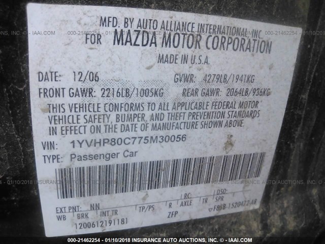 1YVHP80C775M30056 - 2007 MAZDA 6 BLACK photo 9