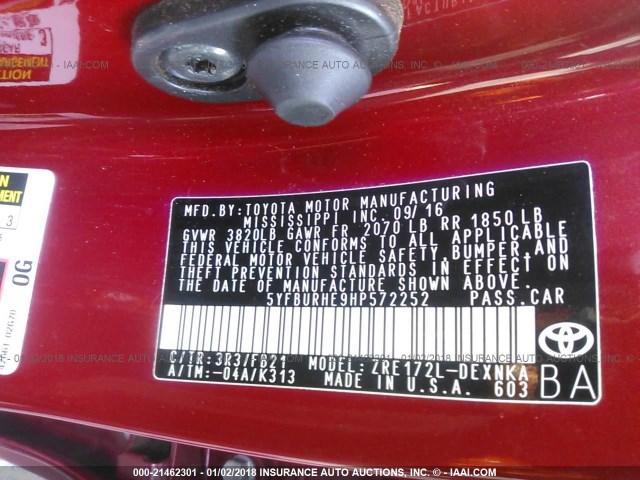 5YFBURHE9HP572252 - 2017 TOYOTA COROLLA L/LE/XLE/SE/XSE RED photo 9