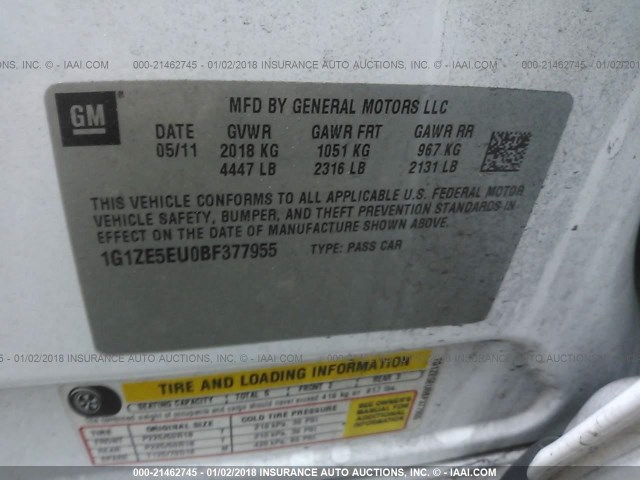 1G1ZE5EU0BF377955 - 2011 CHEVROLET MALIBU LTZ 白色 照片 9