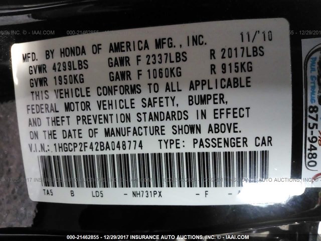 1HGCP2F42BA048774 - 2011 HONDA ACCORD LXP BLACK photo 9