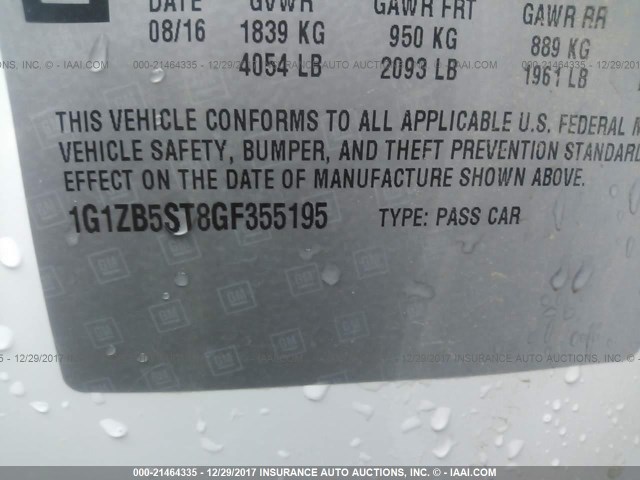 1G1ZB5ST8GF355195 - 2016 CHEVROLET MALIBU LS თეთრი ფოტო 9