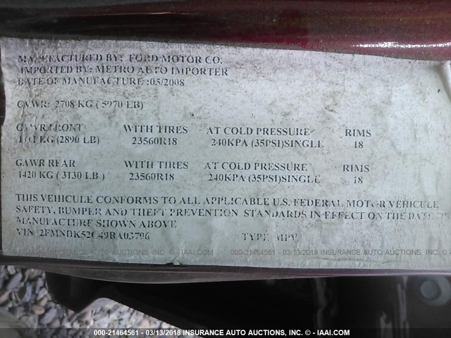 2FMDK52C49BA03796 - 2009 FORD FLEX SEL წითელი ფოტო 9