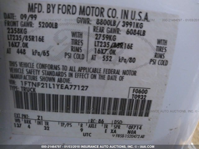 1FTNF21L1YEA77127 - 2000 FORD F250 SUPER DUTY WHITE photo 9