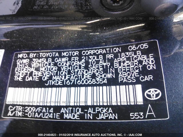 JTKDE167160068354 - 2006 TOYOTA SCION TC 黑色 照片 9