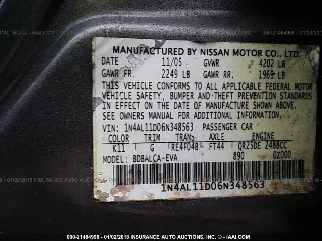 1N4AL11D06N348563 - 2006 NISSAN ALTIMA S/SL GRAY photo 9