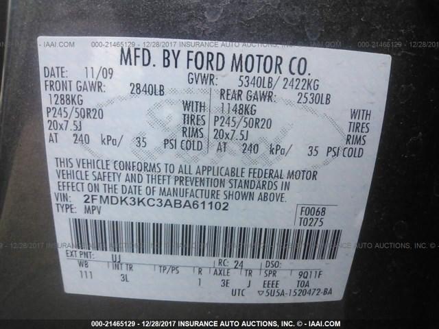 2FMDK3KC3ABA61102 - 2010 FORD EDGE LIMITED GRAY photo 9