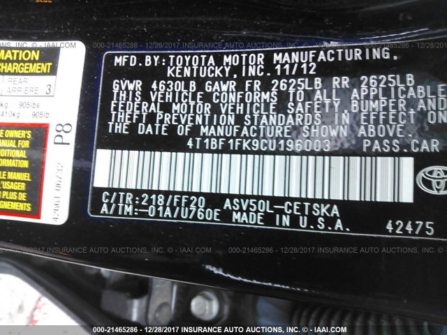 4T1BF1FK9CU196003 - 2012 TOYOTA CAMRY SE/LE/XLE BLACK photo 9